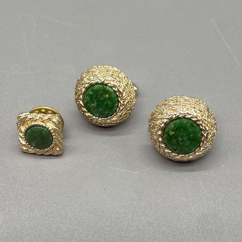 Vintage Dante Cufflinks Tie Pin Set Green Stone Gold Tone Round Bullet Back